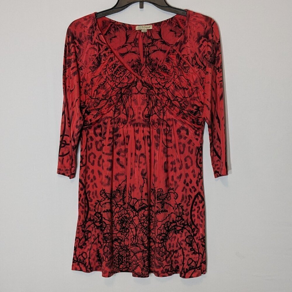 B. FRIENDS Red, Smocked Bodice, Fit & Flare Tunic Top; 3/4 Sleeves; Size M